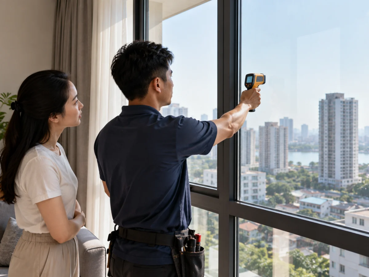 Kỹ thuật Mát Xanh đo nhiệt cửa kính